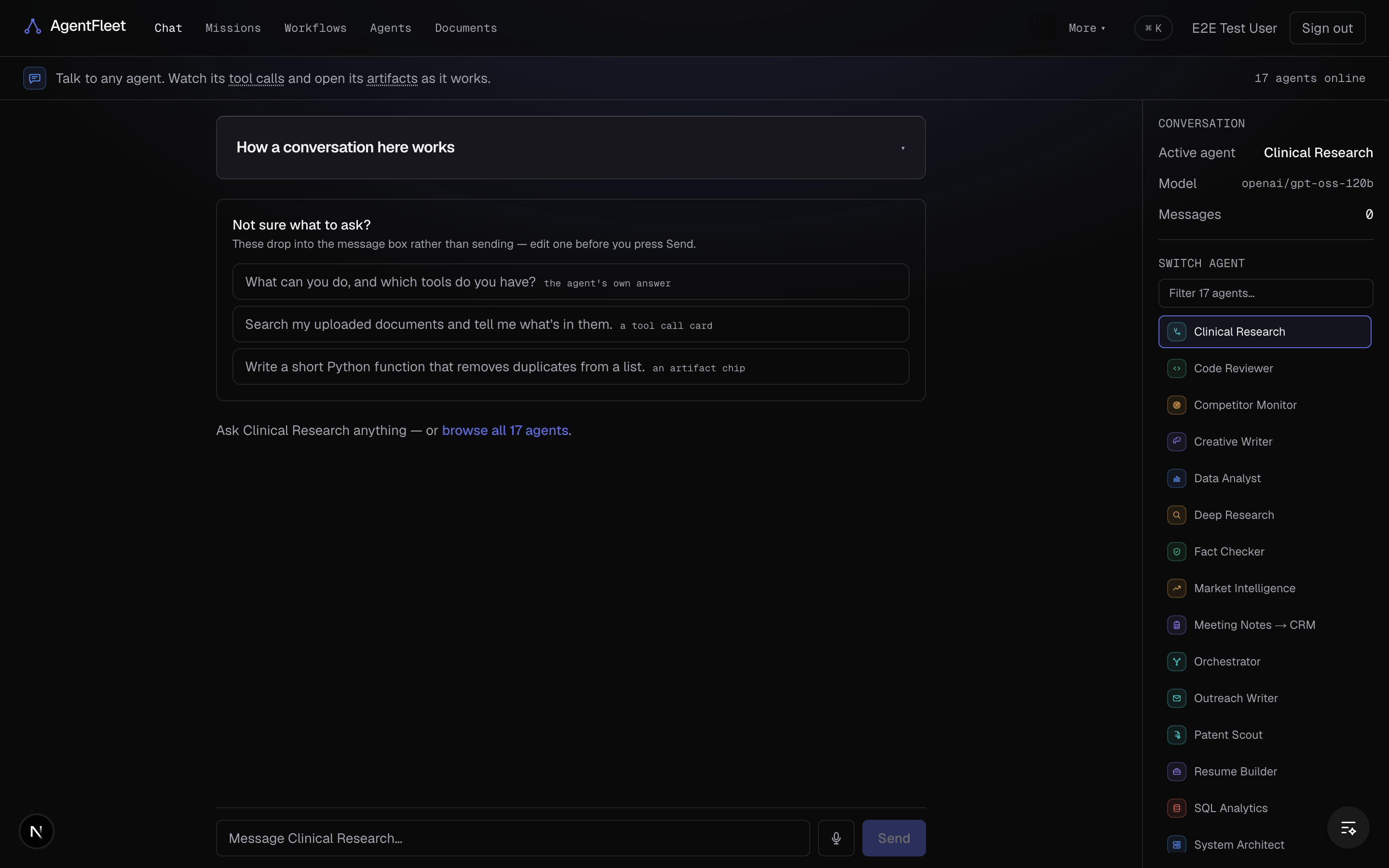 AgentFleet Chat: empty conversation shell with suggested prompts, composer, and a roster switcher listing specialist agents with Clinical Research selected.