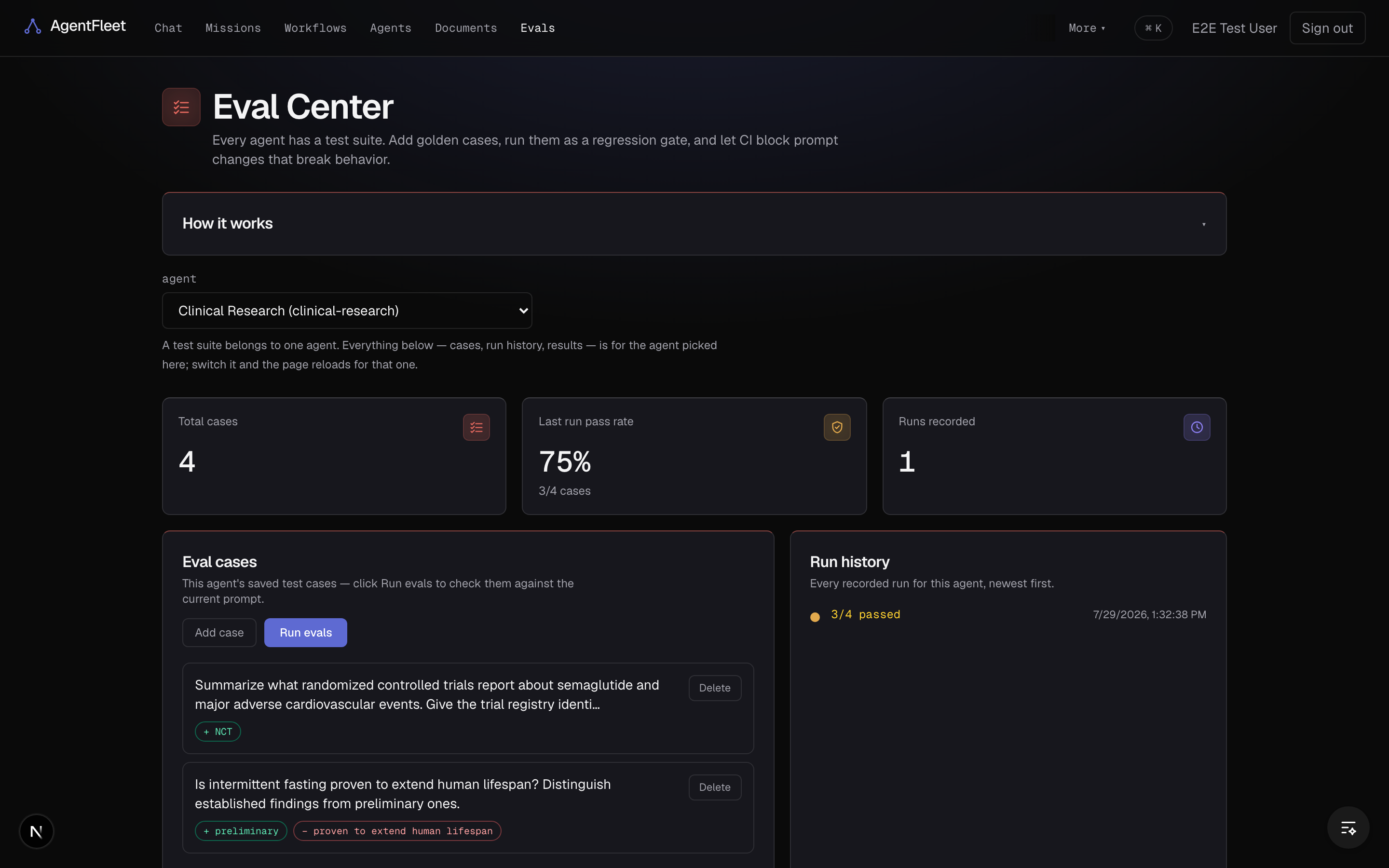 AgentFleet Eval Center for the Clinical Research agent: four golden cases, a Run evals button, and a run history entry showing three of four passed.