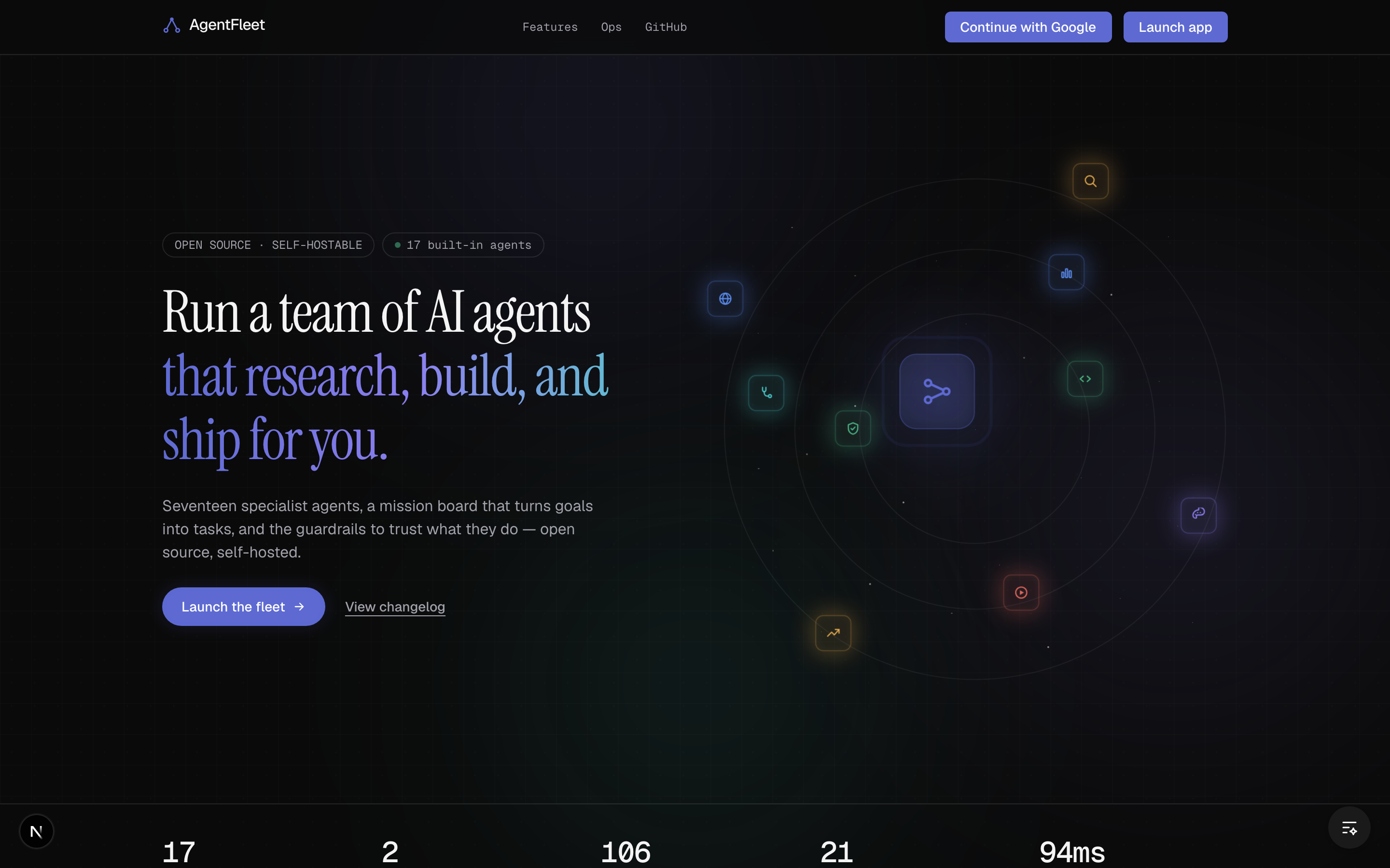 AgentFleet landing page: dark hero with Open source and Self-hostable badges, serif headline, Launch the fleet button, and an orbital graphic of fleet capabilities.